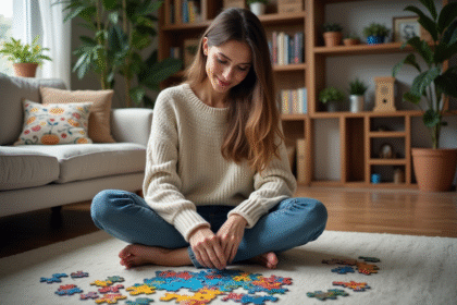 Femme assise sur un tapis en train de faire un puzzle dans un salon chaleureux