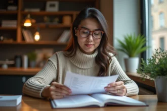 Femme réfléchie lisant un test de personnalité à la maison