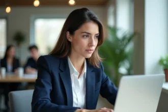 Femme professionnelle relisant un mail au bureau pour éviter les fautes d'orthographe dans ses emails professionnels