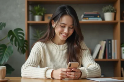 Jeune femme souriante envoyant un message de remerciement