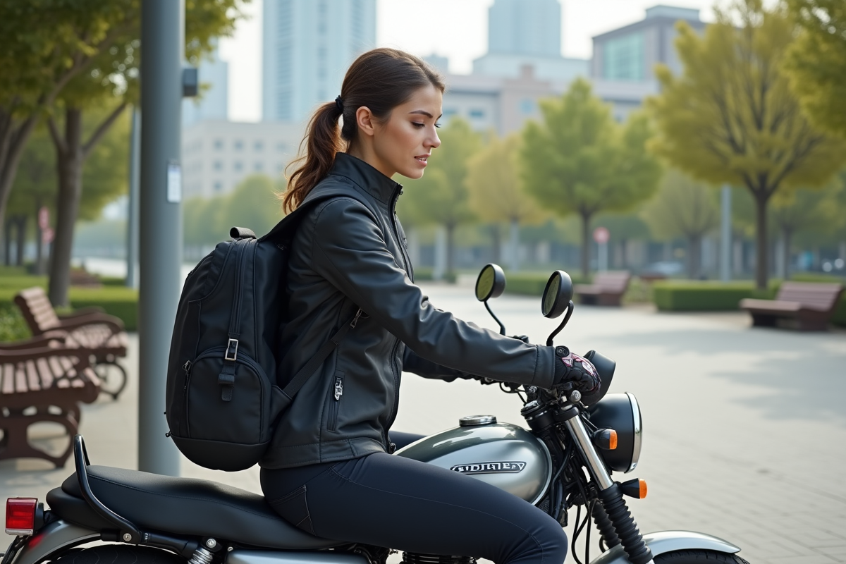 Femme ajustant son sac sur la moto lors d