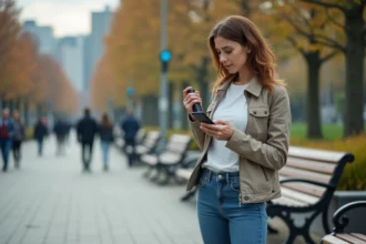 Femme avec spray de protection en ville