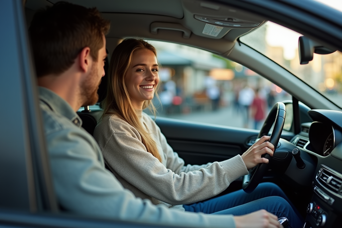 Jeune femme souriante dans une voiture en ville le matin