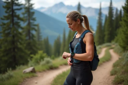 Femme sportive regardant sa montre en nature