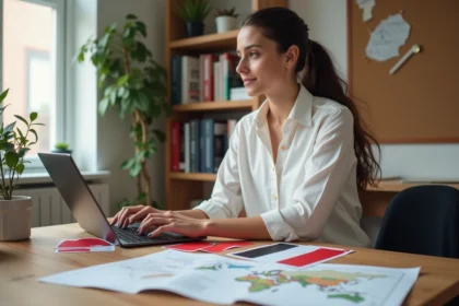 Jeune femme avec drapeaux et cartes dans un bureau lumineux