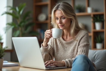 Femme détendue travaillant à domicile avec café