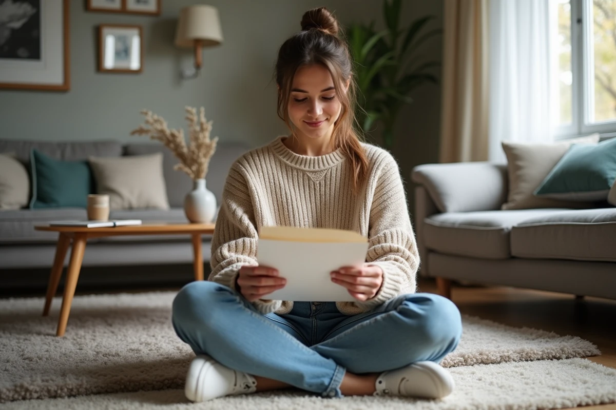 Jeune femme triant des factures dans un salon confortable