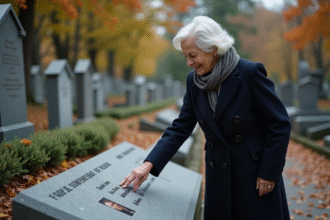 Femme âgée touchant une plaque gravée dans un cimetière calme