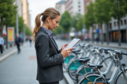Femme urbaine vérifiant une carte sur smartphone près d'une station vélo