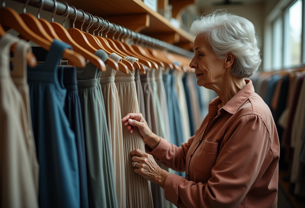 Femme âgée dans une boutique vintage en train de toucher une jupe