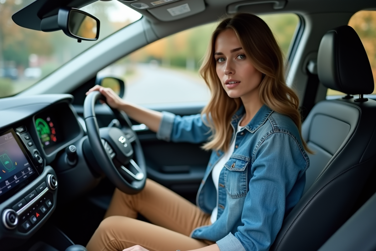 Jeune femme vérifiant le tableau de bord d