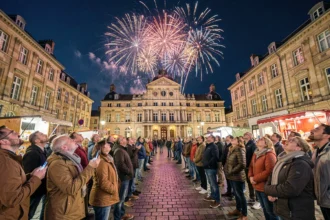 Feu d'artifice éclatant au-dessus d'une façade flamande baroque à Lille, photographié depuis la place avec une foule en contrebas