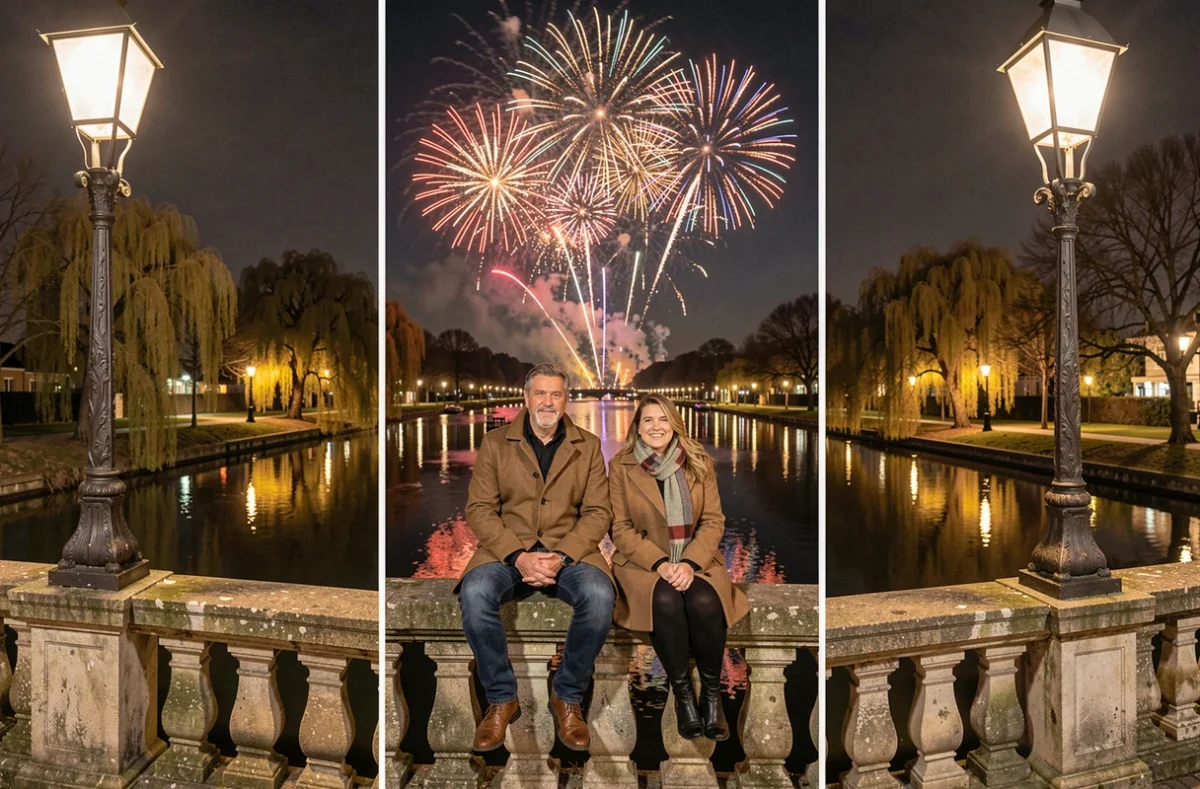 Couple photographié sur un pont au-dessus de la Deûle à Lille avec les reflets des feux d'artifice dans l'eau