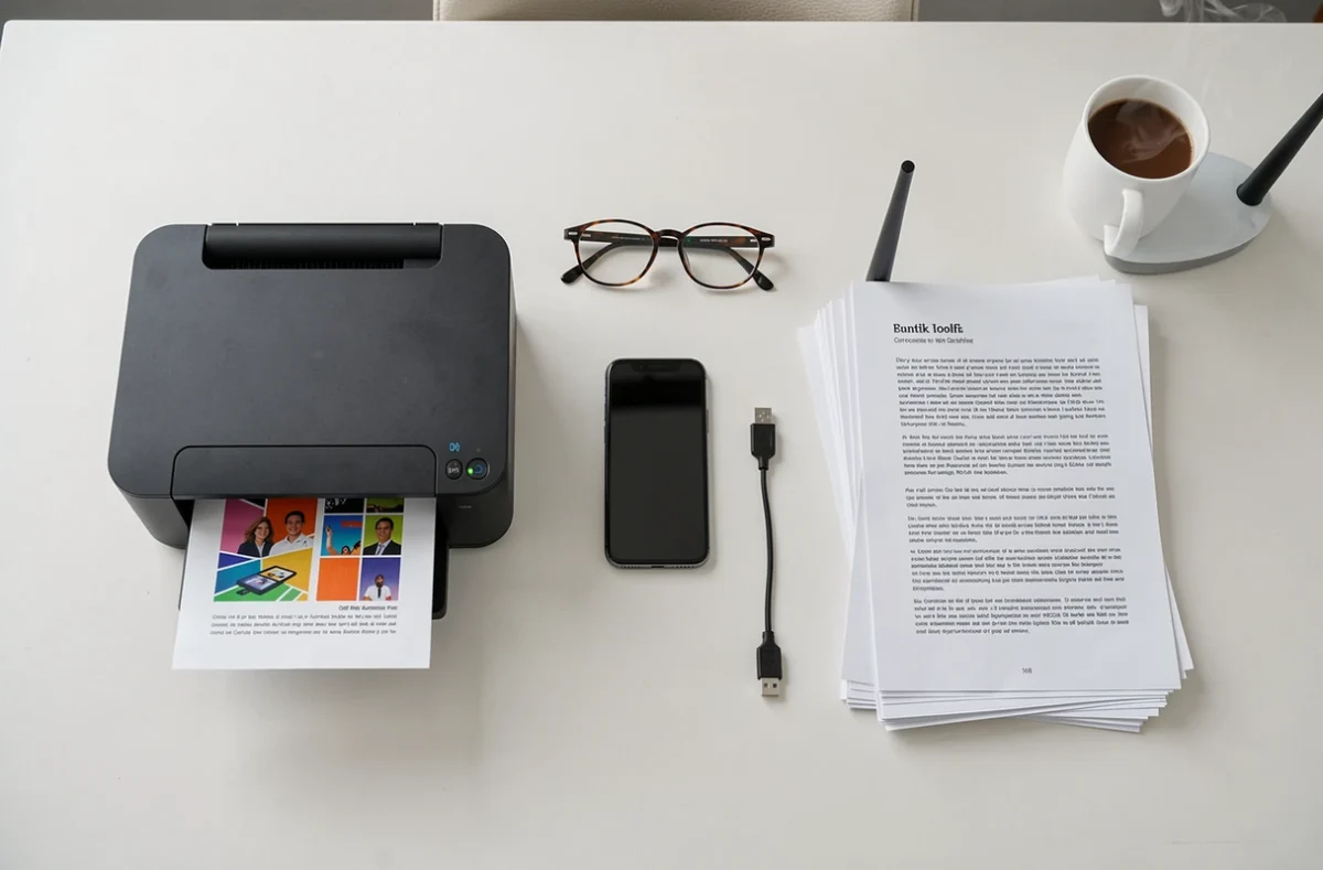 Vue de dessus d'un bureau avec une imprimante portable couleur face à un système d'impression WiFi, comparaison visuelle