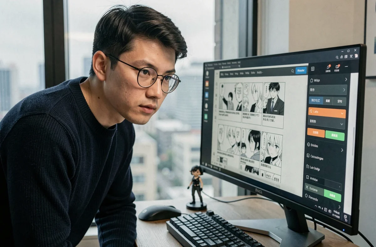 Homme adulte explorant les fonctionnalités cachées d'une plateforme de lecture manga sur ordinateur de bureau