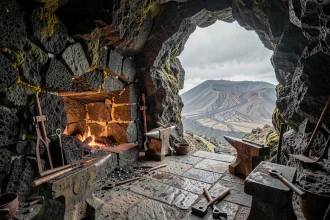 Forge antique grecque taillée dans la roche volcanique avec enclumes et braises rougeoyantes évoquant le mythe d'Héphaïstos