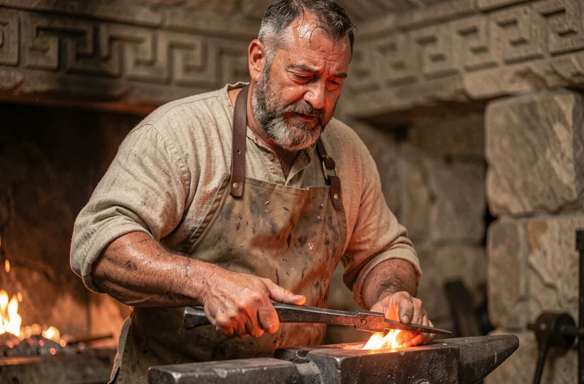 Artisan forgeron grec travaillant le métal en fusion dans un atelier en pierre inspiré de la mythologie grecque antique