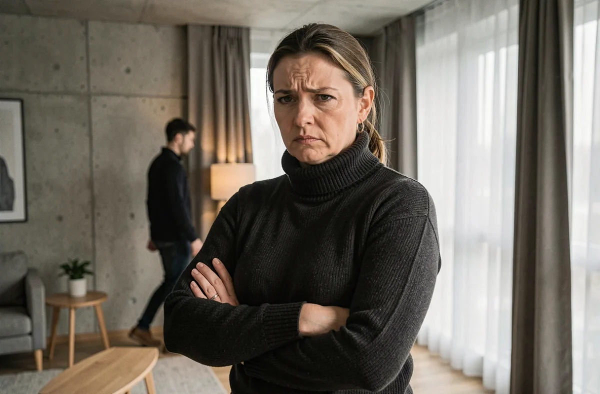 Femme aux bras croisés exprimant une frustration silencieuse dans un appartement moderne après un conflit