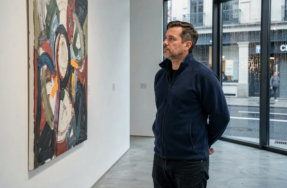 Homme contemplant une œuvre d'art dans une galerie contemporaine de Lyon lors d'une soirée sous la pluie