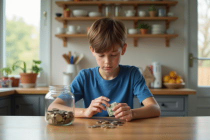 Garçon de 12 ans comptant des pièces de monnaie