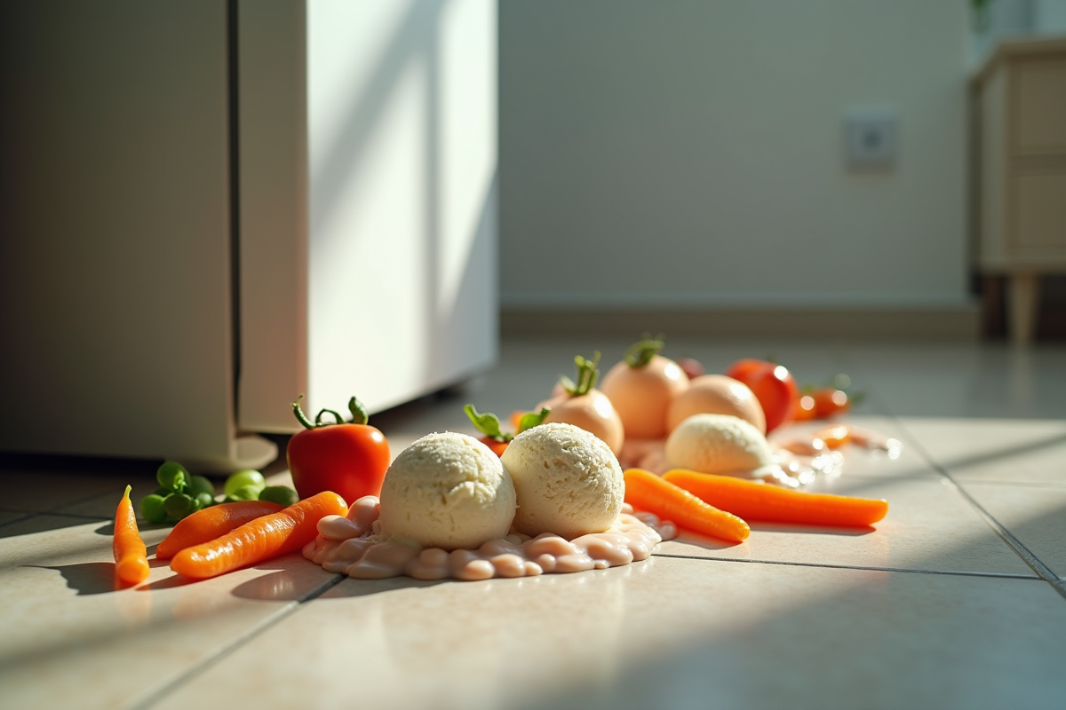 Glaçons fondus et légumes sur le sol devant le congélateur