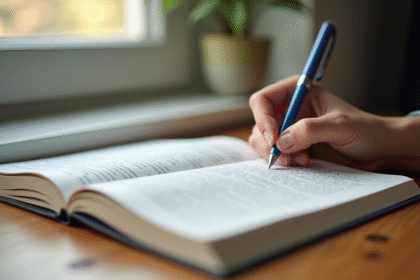 Livre de grammaire française ouvert sur un bureau lumineux