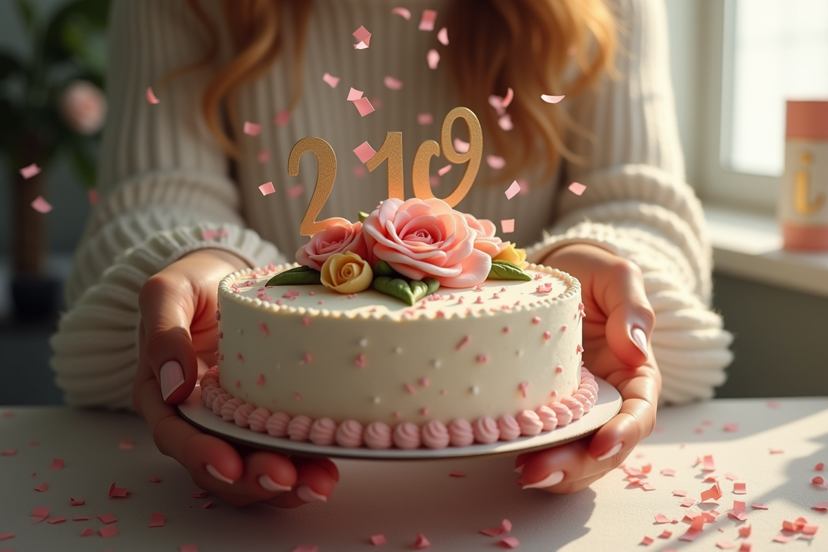 Gros plan sur un gâteau d anniversaire décoré avec fleurs et confettis