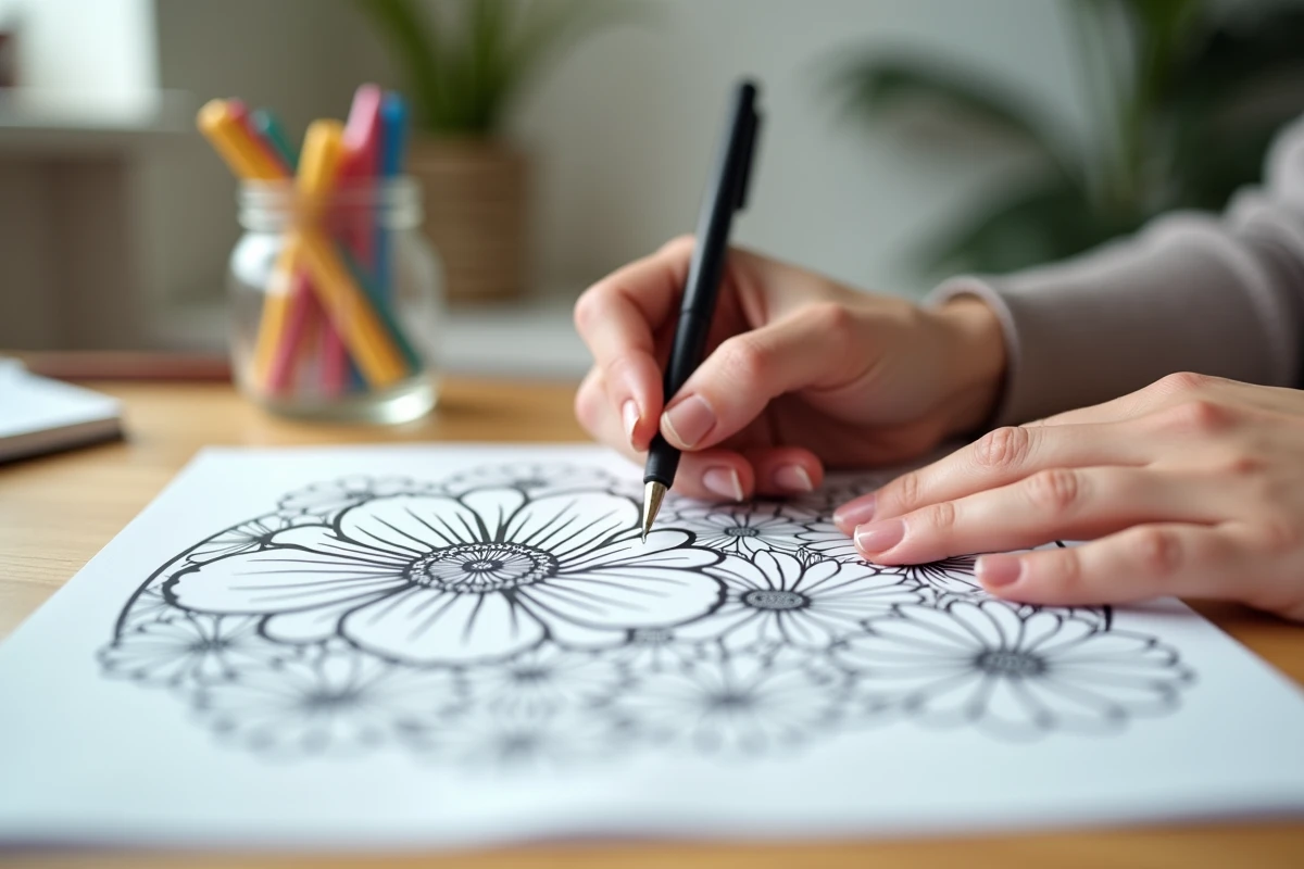 Gros plan de mains féminines adultes dessinant sur un coloriage anti-stress imprimé, détail créatif et apaisant