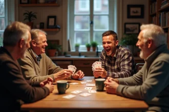 Groupe d'adultes jouant à la coinche autour d'une table en bois avec des cartes françaises et une atmosphère conviviale