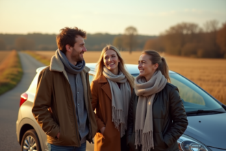 Trois amis souriants près d'une voiture en automne en campagne