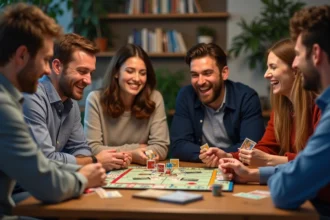 Groupe d'adultes jouant à Monopoly dans un salon convivial
