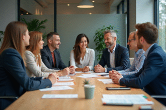 Groupe diversifié en réunion de travail dans un bureau moderne
