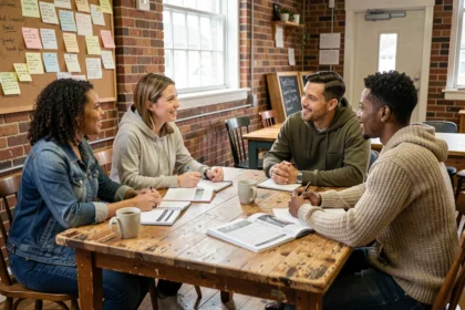 Groupe de personnes de différentes origines discutant du sens du mot woke autour d'une table dans un centre communautaire