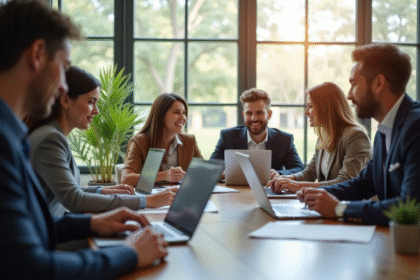 Groupe d'enseignants collaborant dans un bureau lumineux avec Edulines