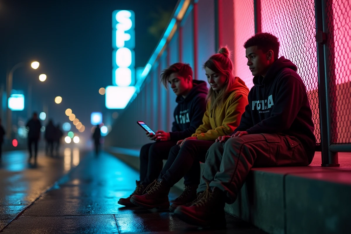 Groupe de jeunes adultes discutant de sécurité et de drogues à l'extérieur d'un club techno la nuit