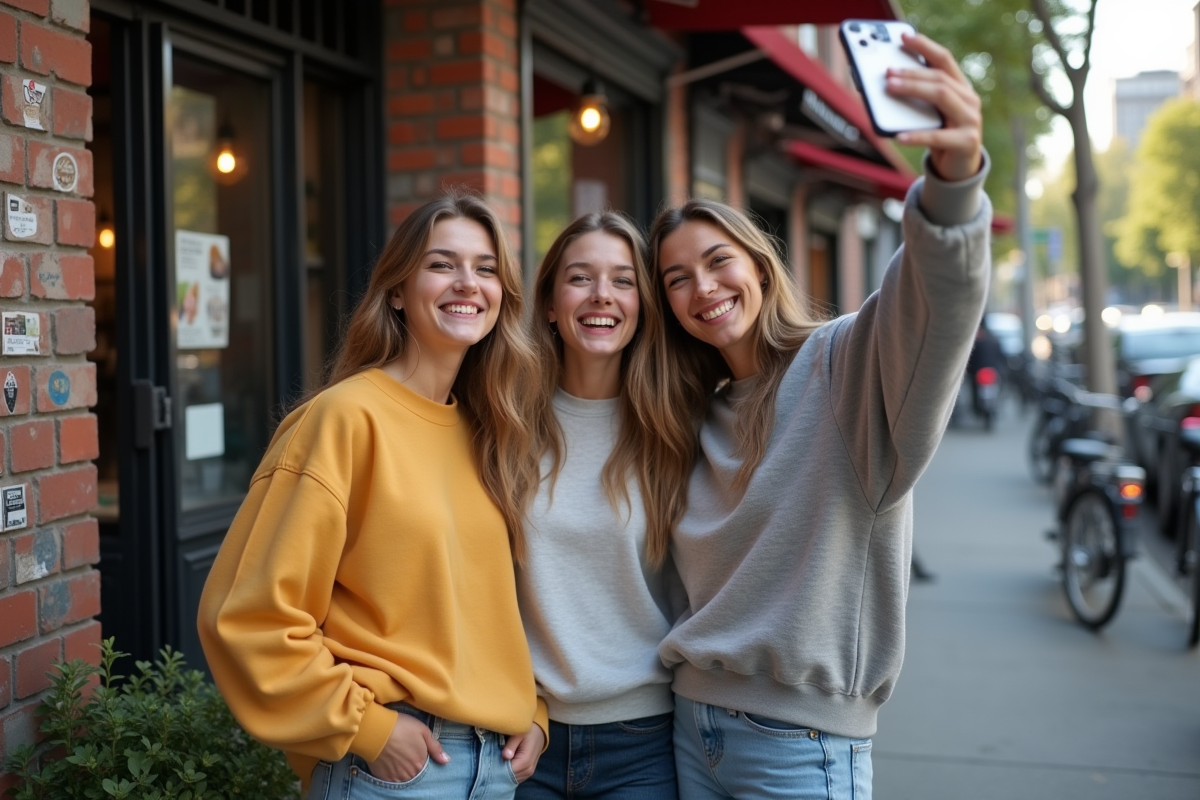 Groupe de jeunes femmes posant pour un selfie en ville