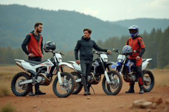 Trois motards avec bikes 125cc en extérieur