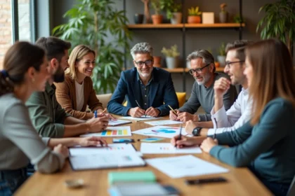 Groupe d'adultes en réunion dans un espace coworking