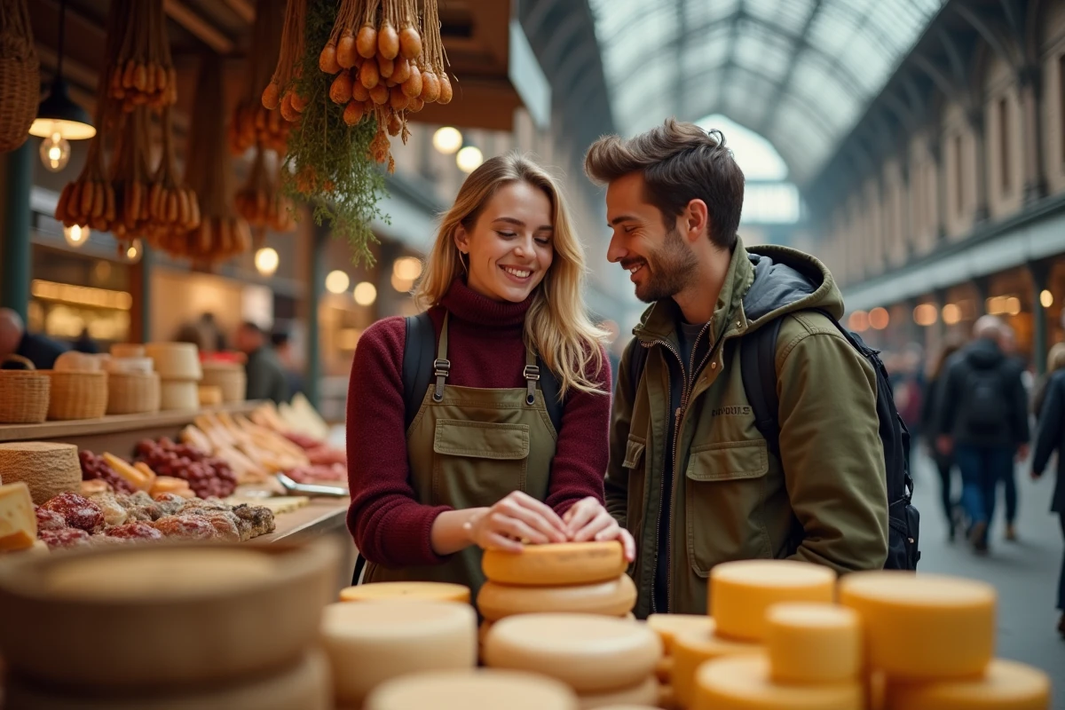 Deux amis découvrant les spécialités alsaciennes de charcuterie et fromage aux Halles de Strasbourg lors d'une visite du marché couvert
