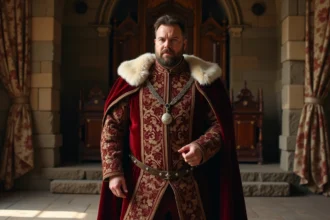 Portrait en pied d'Henri VIII en costume royal Tudor dans une salle du trône médiévale anglaise