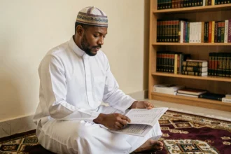 Homme consultant le calendrier des heures de prière islamiques à Toulouse, assis sur un tapis de prière à motifs géométriques