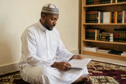 Homme consultant le calendrier des heures de prière islamiques à Toulouse, assis sur un tapis de prière à motifs géométriques