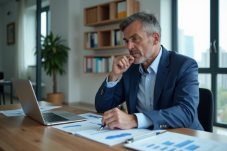 Homme d'affaires en costume bleu dans un bureau moderne