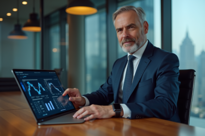 Homme d'affaires en costume bleu étudiant une tablette blockchain