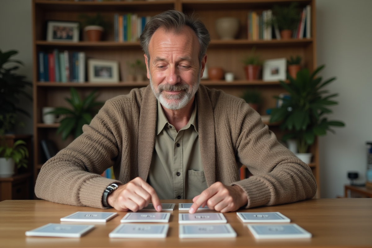 Homme organisant des cartes de recherche sur une table