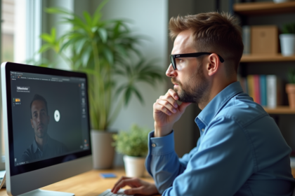 Homme pensif au bureau avec ordinateur et chat Claude