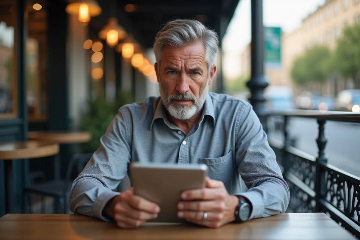 Homme au café regardant une application de rencontre