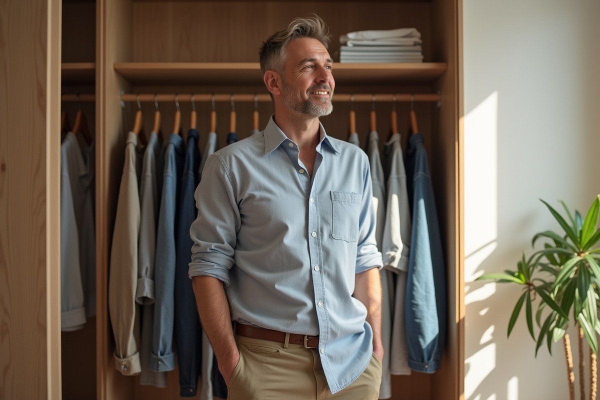 Homme regarde sa garde-robe dans un couloir moderne