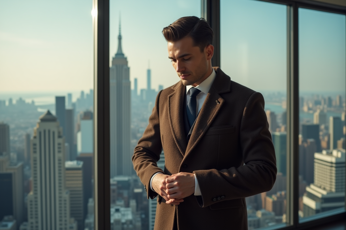 Homme en costume ajusté dans un penthouse avec vue urbaine