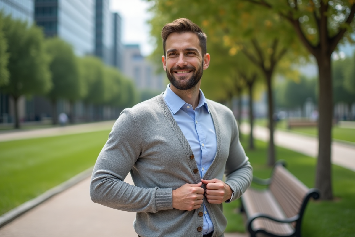 Homme détendu ajustant sa veste lors de sa pause déjeuner